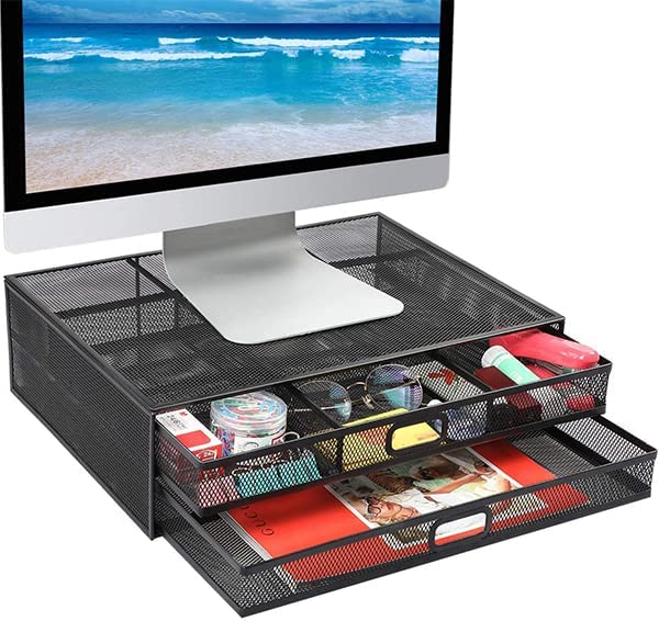 Photo 1 of Monitor Stand with Drawer, Monitor Stand, Monitor Riser Mesh Metal, Desk Organizer, Monitor Stand with Storage, Desktop Computer Stand for PC, Laptop, Printer - HUANUO
