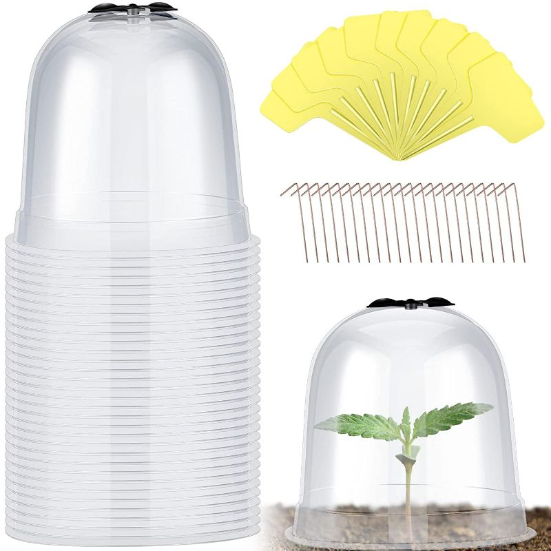 Photo 1 of Remerry 20 Pack Garden Cloche Clear Bell Covers Freeze Protection Humidity Domes Plastic Dome 7.3 x 6.7 Inch with 60 Ground Securing Pegs and Plant Labels for Plants Seed Starting Greenhouse
