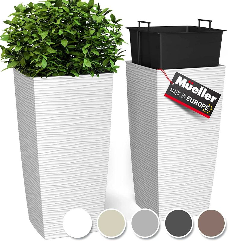 Photo 1 of Janska by Mueller M-Resin Heavy Duty Tall Planter, Indoor/Outdoor Grande Plant, Tree, Flower Pot, 2-Piece Set, 24”, Modern Design, Built-in Drainage, White
