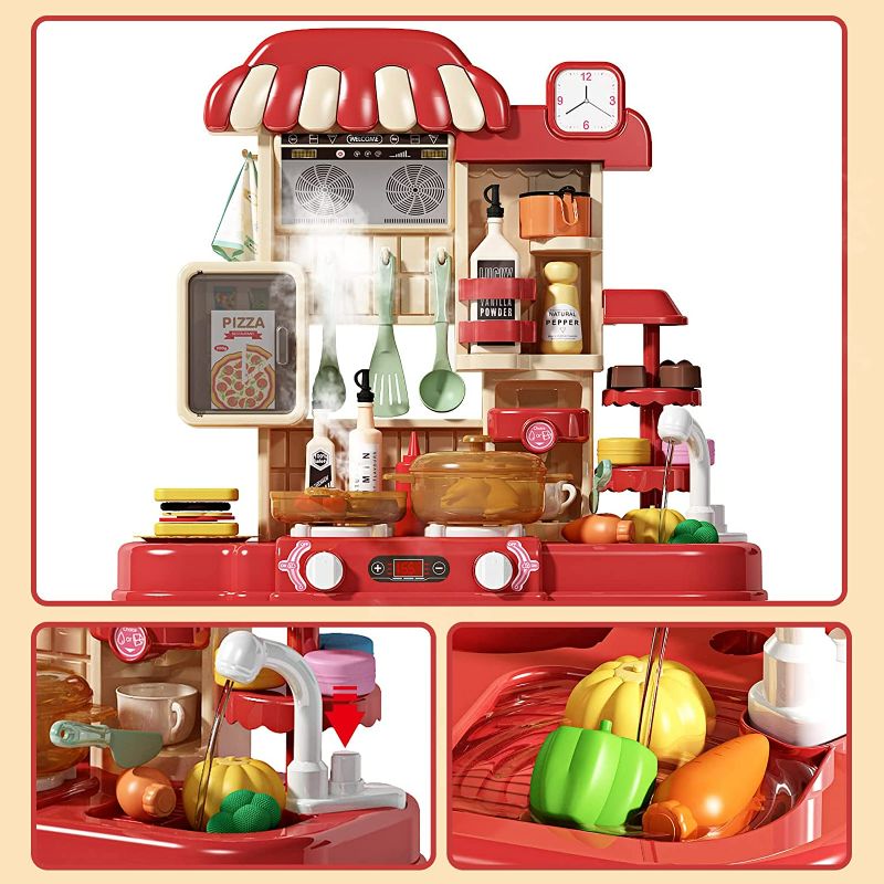 Photo 2 of Deejoy Kitchen Playset[Red],48Pcs Play Kitchen Set for Boys and Girls, Kitchen Toys with Realistic Lights&Sounds, Simulation of Spray and Play Sink, Pretend Play Food Toys with Toddler
