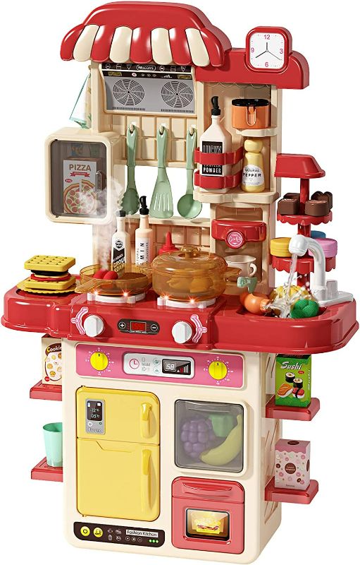 Photo 1 of Deejoy Kitchen Playset[Red],48Pcs Play Kitchen Set for Boys and Girls, Kitchen Toys with Realistic Lights&Sounds, Simulation of Spray and Play Sink, Pretend Play Food Toys with Toddler
