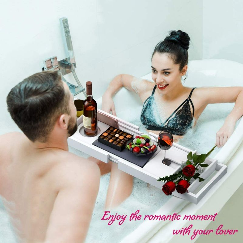 Photo 3 of Bathtub Caddy Tray for Luxury Bath - Bamboo Waterproof Expandable Bath Table Over Tub with Wine and Book Holder and Free Soap Dish (White)
