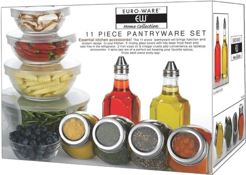 Photo 1 of Euro-Ware Home Collection 11-Pieces Clear Glass Pantryware Set Includes 5 Glass Bowls 4 Spice Jars  2 Oil and Vinegar Cruets 