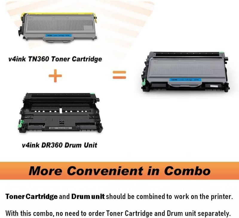 Photo 2 of v4ink Compatible Drum+Toner Replacement for Brother DR360 TN360 (1Drum + 1Toner) Work with DCP7030 DCP7040 DCP7045 HL2120 HL2140 HL2150 HL2170 MFC7320 MFC7340 MFC7345 MFC7440 MFC7445 MFC7450 MFC7840