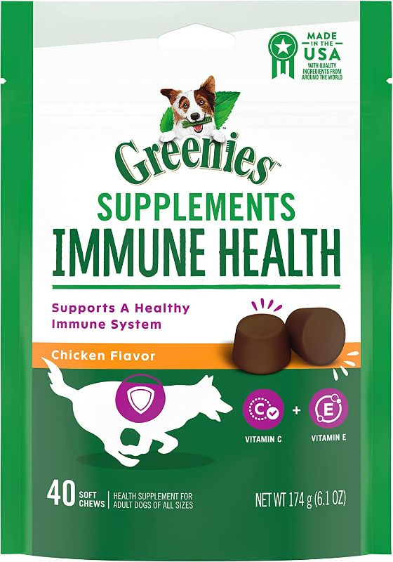 Photo 1 of Greenies Immune Health Dog Supplements with an Antioxidant Blend of Vitamin C and E, 90-Count Chicken-Flavor Soft Chews for Adult Dogs
