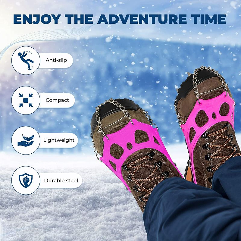 Photo 2 of Yatta Life Heavy Duty Trail Snow Spikes for Shoes Crampons Ice Cleats - Stainless Steel Ice Shoes Grippers Footwear Crampons Traction Cleats for Ice Fishing, Walking, Climbing, and Hiking SIZE XL COLOR PINK
