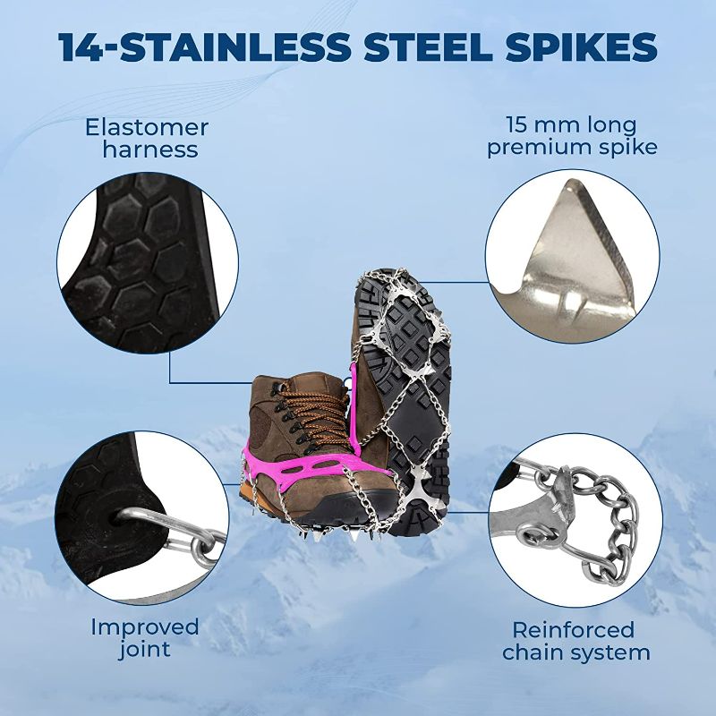 Photo 3 of Yatta Life Heavy Duty Trail Snow Spikes for Shoes Crampons Ice Cleats - Stainless Steel Ice Shoes Grippers Footwear Crampons Traction Cleats for Ice Fishing, Walking, Climbing, and Hiking SIZE XL COLOR PINK
