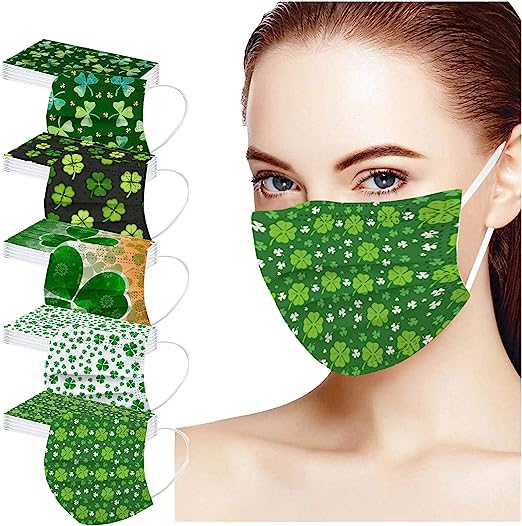 Photo 1 of Juesi St. Patricks Day Face_Mask Disposable for Adult with Shamrock Clover Irish Holiday Paper_mask 3 ply Breathable (50 Pack, Mixed 1 Varied Designs)
