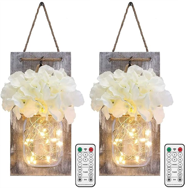 Photo 1 of Mason Jar Wall Lights with Remote Control, LIGHTESS Rustic Bedroom Wall Decor, Hanging Battery Powered Jar Sconce with LED Fairy Lights for Farmhouse Decor, SYA11 (Set of 2)
