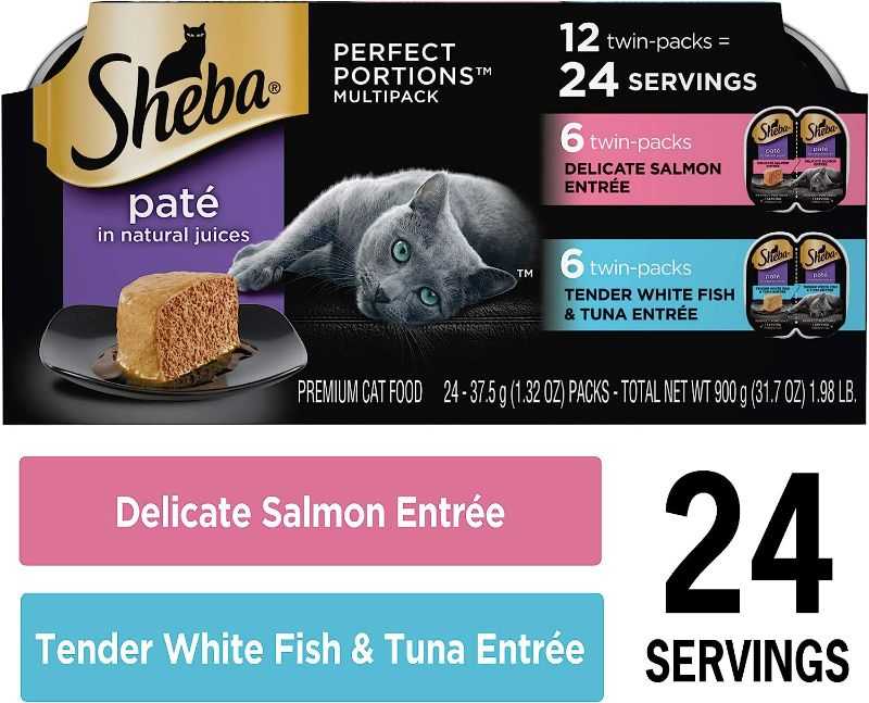 Photo 1 of SHEBA PERFECT PORTIONS Cuts in Gravy Adult Wet Cat Food Trays (24 Count, 24 Servings), Delicate Salmon and Tender Whitefish & Tuna Entrée, Easy Peel Twin-Pack Trays
