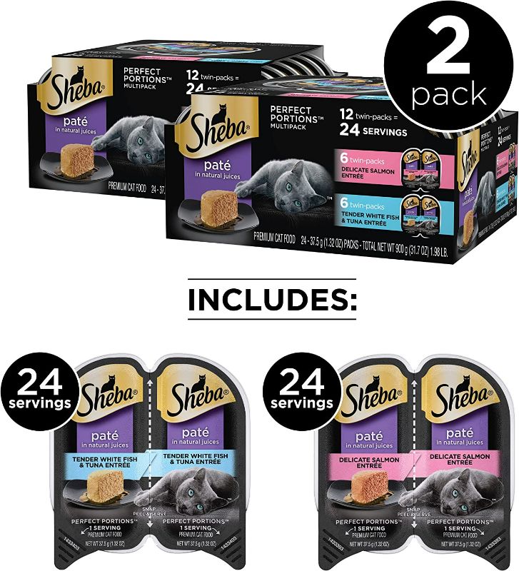 Photo 1 of SHEBA PERFECT PORTIONS Cuts in Gravy Adult Wet Cat Food Trays (24 Count, 48 Servings), Delicate Salmon and Tender Whitefish & Tuna Entrée, Easy Peel Twin-Pack Trays