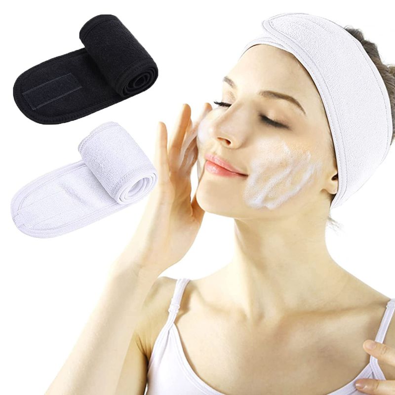 Photo 2 of 4 PACK 2 BLACK 2 WHITE Facial Spa Headband - Makeup Shower Bath Wrap Sport Headband Terry Cloth Adjustable Stretch Towel with Magic Tape
