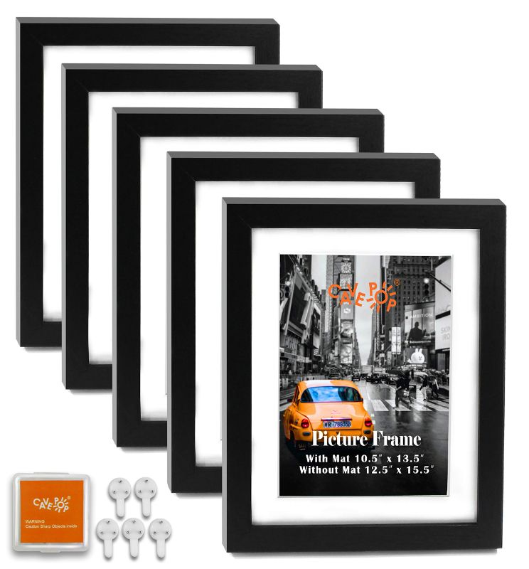 Photo 1 of CAVEPOP 11x14 Black Wood Textured Picture Frames 5-Sets, Made to Display (12.5x15.5” Ivory Color Mat 11x14”) Collage Picture Frame Sets Mat 11x14” Black