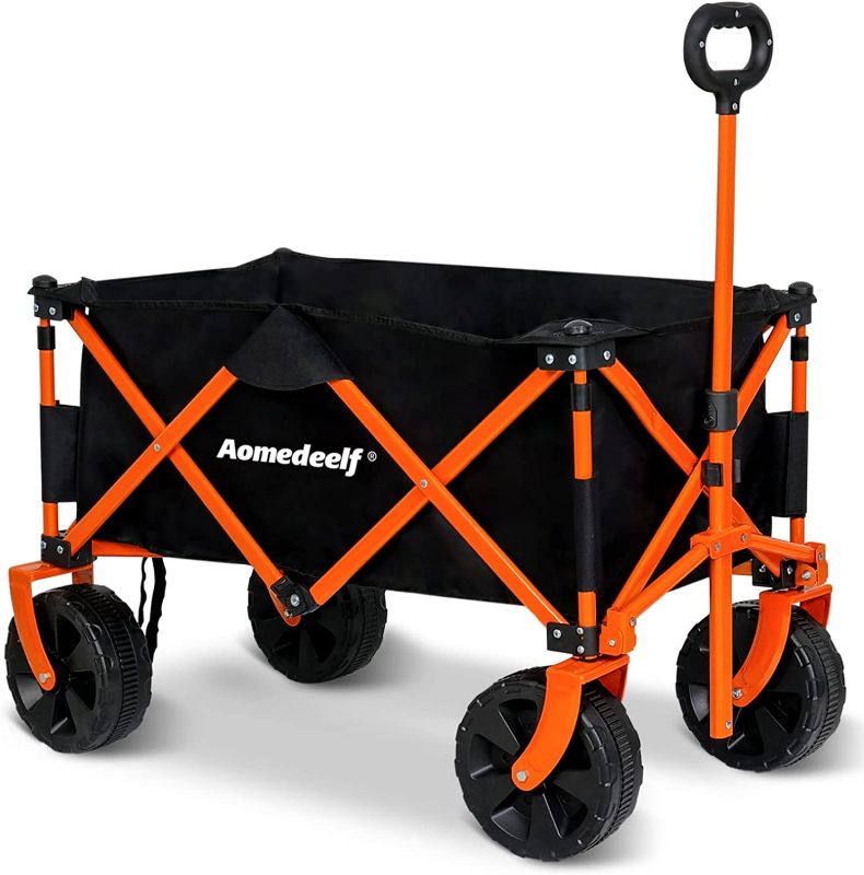 Photo 1 of Aomedeelf Beach Wagon, Collapsible Wagon with 220 Pounds Capacity, Wagons Carts Heavy Duty Foldable, Folding Wagon with 8 Inch Wheels, Black and Orange
