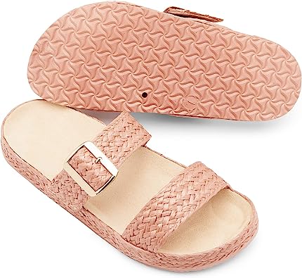Photo 2 of Opvia Womens Slide Sandals with Straw Strap Adjustable Buckle Comfort Lightweight Soft Sole Fashion Flat Shoes for Summer size 9 in women's. 