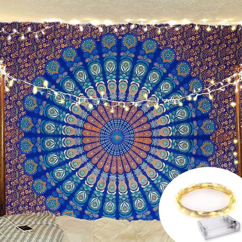 Photo 1 of Bless International-Indian-hippie-gypsy Bohemian-psychedelic Cotton-mandala Wall-hanging-tapestry-multi-color Hippie-tapestry (Blue Green Peacock Mandala, Twin
