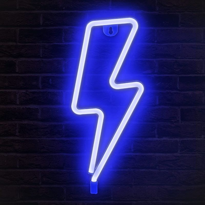 Photo 1 of Lightning Bolt Neon Signs, USB Powered Led Lightning Bolt Light with On/Off Switch, Blue Lightning Neon Sign for Wall Decor, Hanging Led Signs, Neon Lights for Bedroom, Gaming Room Setup
