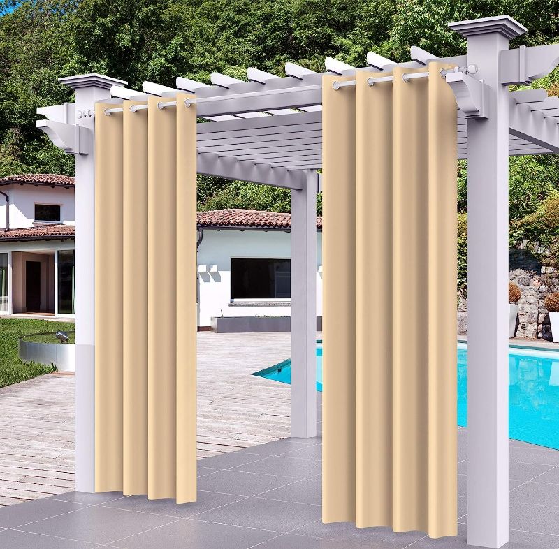 Photo 1 of Deekrain Outdoor Curtains with Grommet, Thermal Insulated Curtain with Tieback Blackout Curtains Privacy Screen Sun Protection for Balcony Porch Pergola Yard Sliding Door, 1 Panel, Beige, 52 × 120
