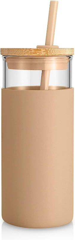 Photo 1 of tronco 20 oz Glass Tumbler Glass Water Bottle Straw Silicone Protective Sleeve Bamboo Lid - BPA Free -Amber
