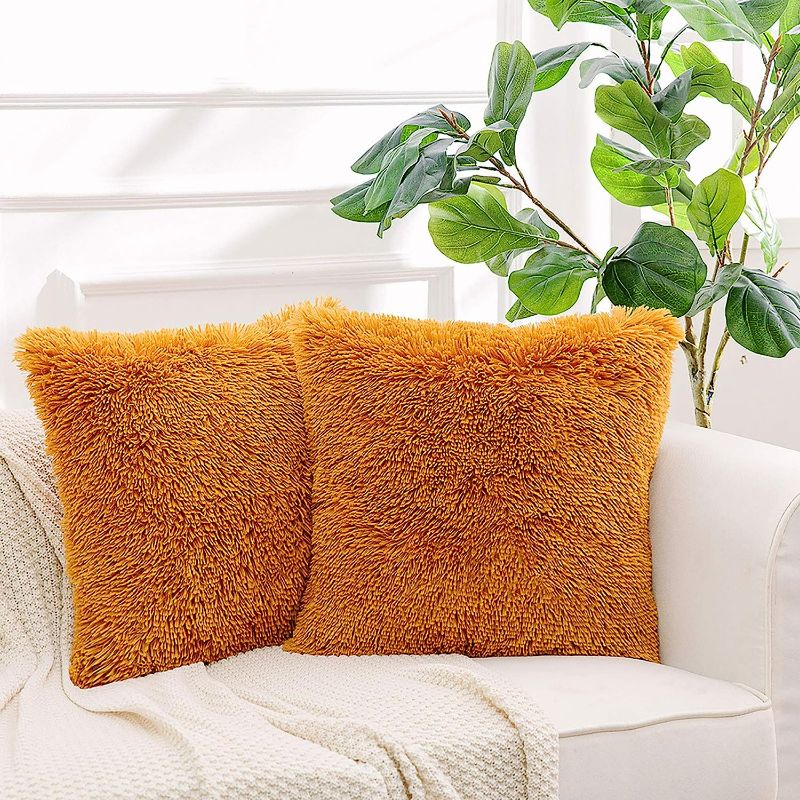Photo 1 of NordECO HOME Luxury Soft Faux Fur Fleece Cushion Cover Pillowcase Decorative Throw Pillows Covers, No Pillow Insert, 16" x 16" Inch, Caramel, 2 Pack
