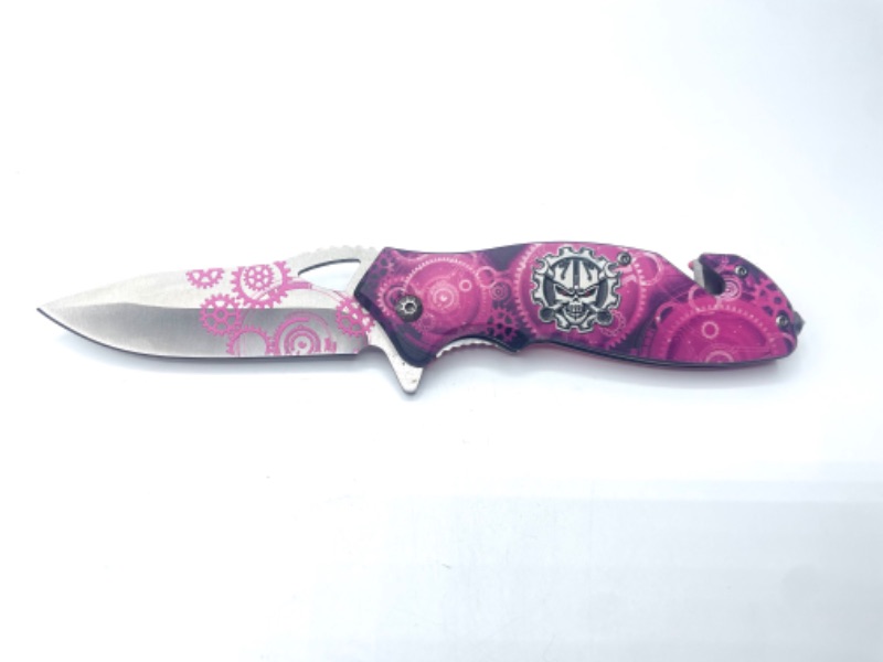 Photo 2 of Mechanical Black / White Skull Pink Pocket Knife with Seatbelt Cutter and Window Breaker New
