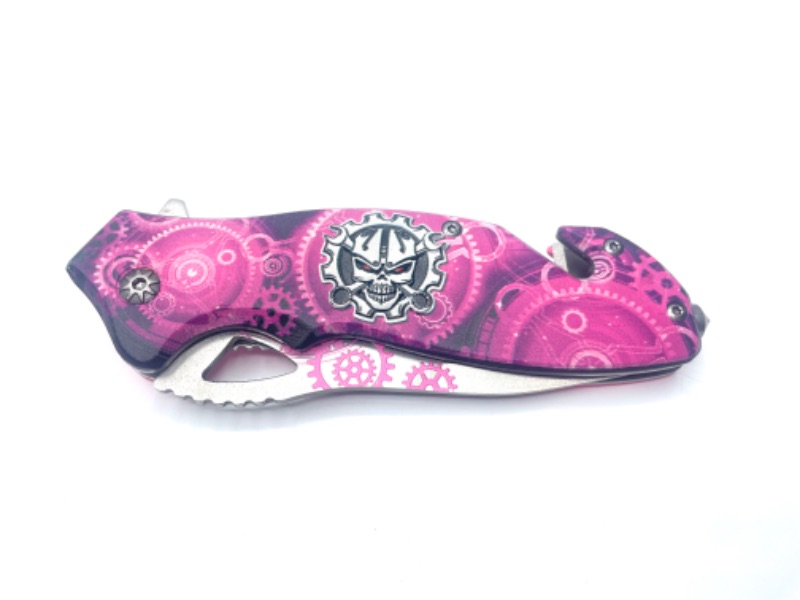 Photo 1 of Mechanical Black / White Skull Pink Pocket Knife with Seatbelt Cutter and Window Breaker New