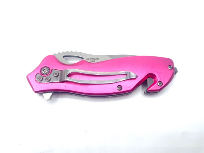 Photo 3 of Mechanical Black / White Skull Pink Pocket Knife with Seatbelt Cutter and Window Breaker New