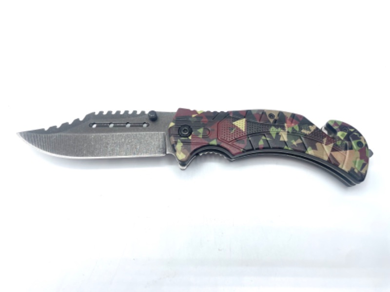 Photo 2 of Red And Black Green Camo Print Pocket Knife with Seatbelt Cutter and Window Breaker New 