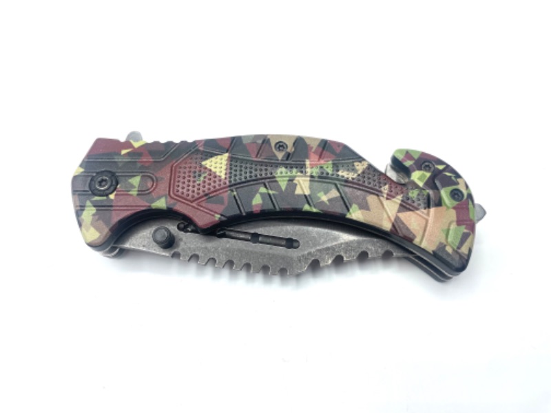 Photo 1 of Red And Black Green Camo Print Pocket Knife with Seatbelt Cutter and Window Breaker New 