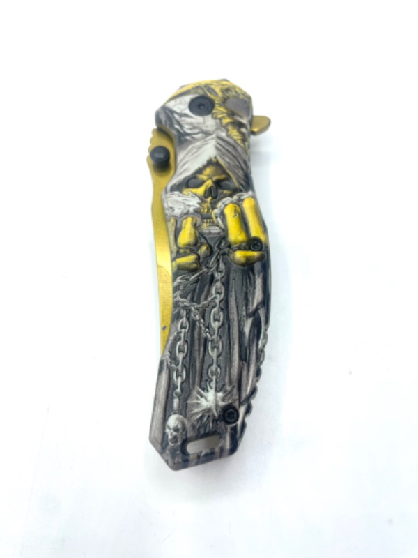 Photo 1 of Gold Yellow Skull Holding Chains Folder Pocket Knife New 