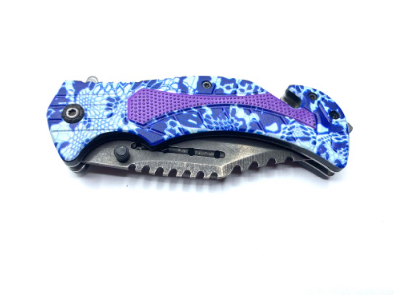 Photo 1 of Blue, White Snakeskin Pocket Knife with Clip Window Breaker and Seatbelt Cutter New