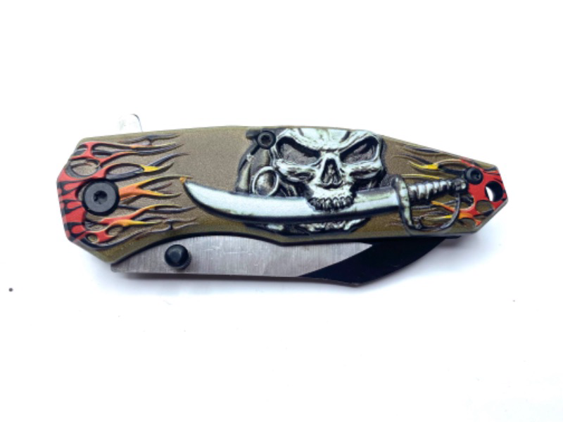 Photo 1 of Brown Pirate with Flames Folder Pocket Knife New