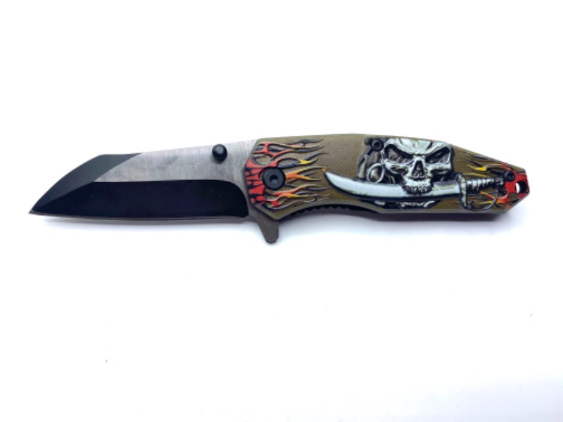 Photo 2 of Brown Pirate with Flames Folder Pocket Knife New