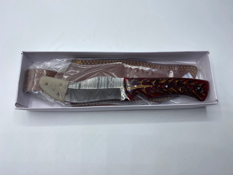 Photo 2 of 9” Acrylic Casted Handle Fire Peak Damascus Steel Outdoor Hunting Knife With Sheath
