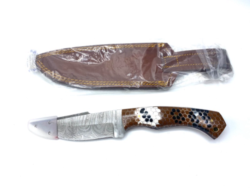 Photo 2 of SZCO Supplies 9.75” Snake Skin Acrylic Handled Damascus Steel Outdoor Hunting Knife With File Work And Leather Sheath, Brown/White/black (DM-1321)