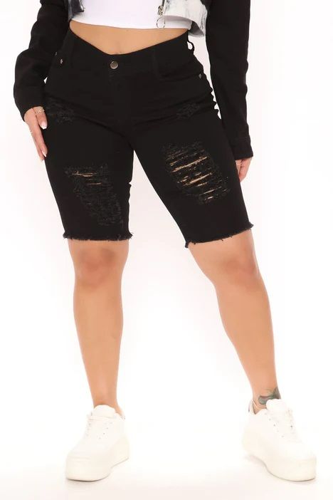 Photo 1 of Fashion Nova Cross Your Heart Distressed Bermuda Shorts - Black Size 1