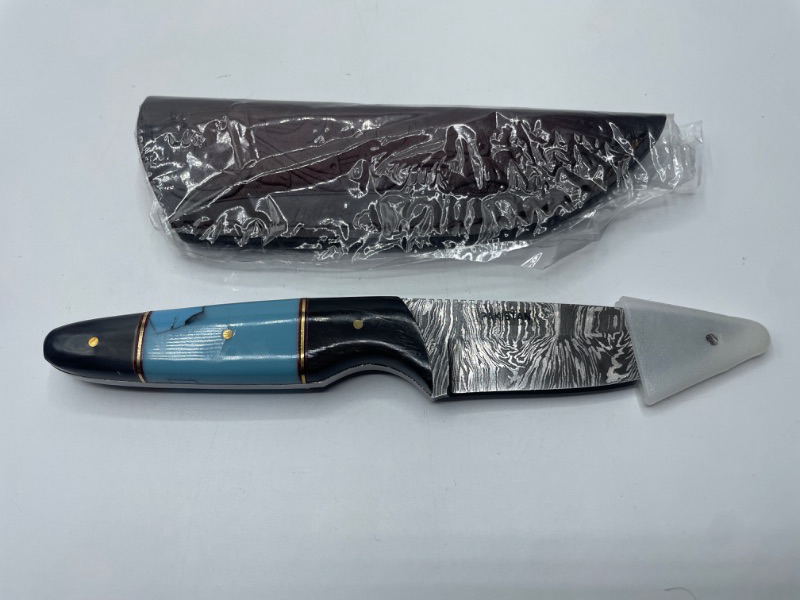 Photo 2 of Szco Supplies 7.5" Horn/Turquoise Handle Damascus Steel Outdoor Hunting Knife With Sheath