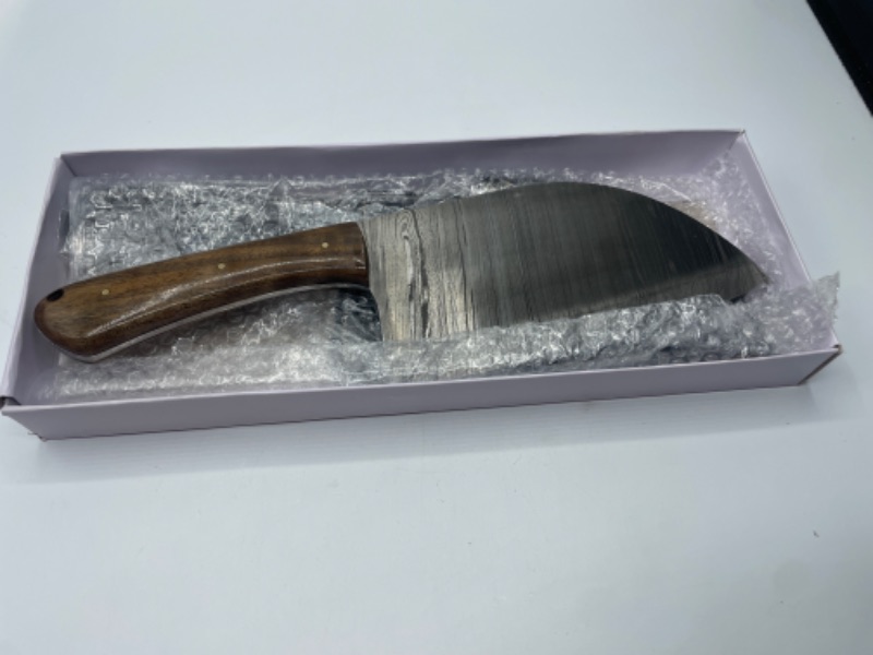 Photo 3 of SZCO Supplies 11.5" Walnut Wood Handle Full-Tang Damascus Steel Butcher's Cleaver Knife with Leather Sheath