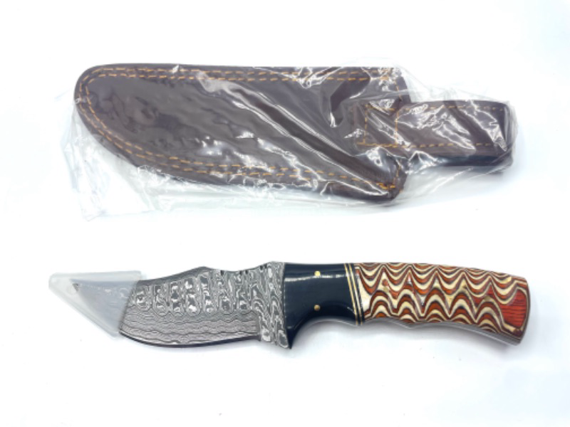 Photo 2 of Szco Supplies 8" Horn/Twisted Wood Handle Damascus Steel Upsweep Skinning Knife With Sheath