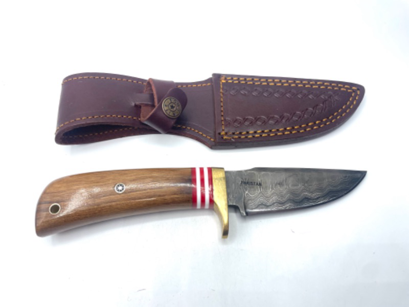 Photo 2 of SZCO Supplies 8.5” Walnut Wood Handle Damascus Steel Outdoor Hunting Knife with Sheath