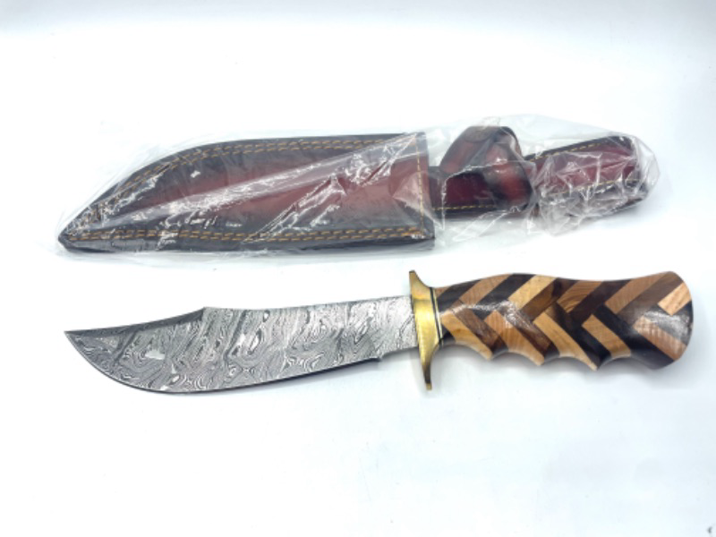 Photo 2 of SZCO Supplies Damascus Steel Braided Walnut/Olivewood Hunting Knife, Brown, 12.5 inches