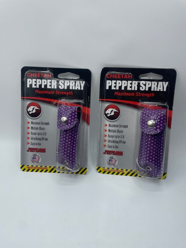 Photo 2 of 2 Pack Cheetah Brand Self Defense Pepper Spray - 1/2 oz Compact Size Maximum Strength Police Grade Formula Best Self Defense Tool for Women W/Leather Pouch Keychain