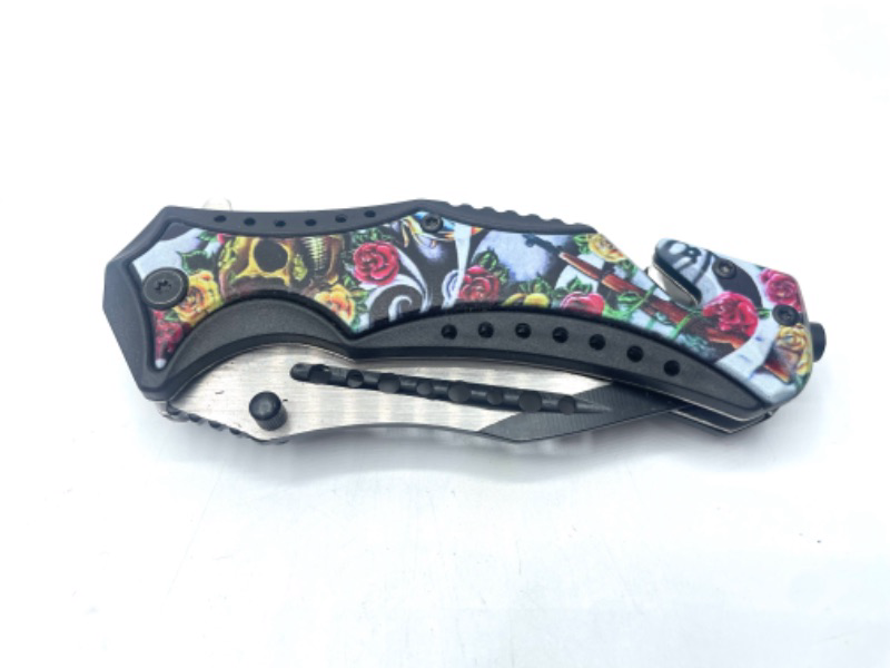 Photo 1 of 4.75" Sugar Skull Roses And Guns Folder Pocket Knife With Seatbelt Cutter And Window Breaker New