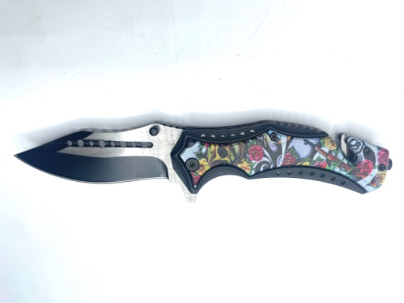 Photo 2 of 4.75" Sugar Skull Roses And Guns Folder Pocket Knife With Seatbelt Cutter And Window Breaker New