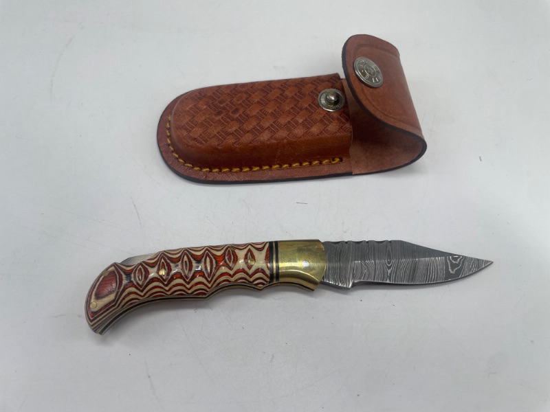 Photo 2 of SZCO Supplies 3.5” Orange Wood Handle Damascus Steel EDC Folding Knife with Sheath