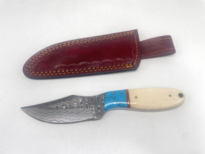 Photo 2 of SZCO Supplies Turquoise Bone Damascus Steel Skinning Knife Damascus Steel Knife