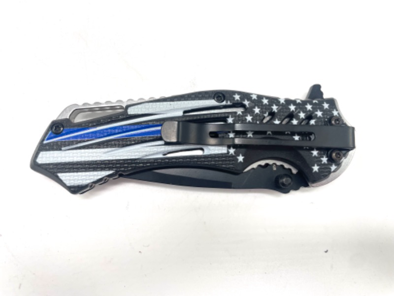 Photo 3 of Thin Blue Line American Flag Simple Sturdy Folding Pocket Knife with Spring Assistance 