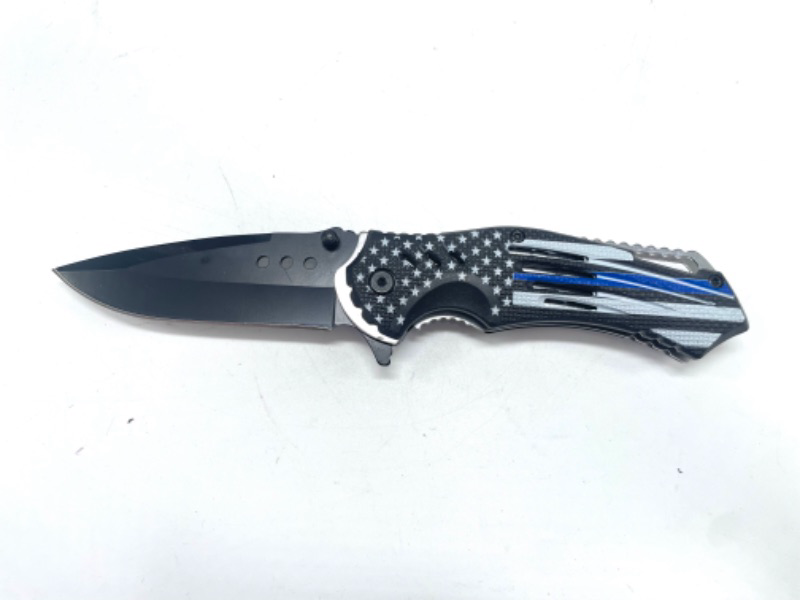 Photo 2 of Thin Blue Line American Flag Simple Sturdy Folding Pocket Knife with Spring Assistance 