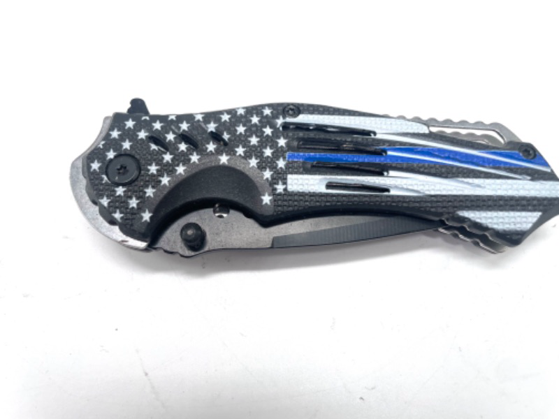 Photo 1 of Thin Blue Line American Flag Simple Sturdy Folding Pocket Knife with Spring Assistance 