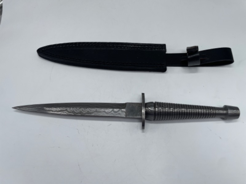 Photo 2 of SZCO Supplies 12"" Damascus Steel Commando Dagger with Leather Sheath, Black, 12.5 inches (DM-1262DM)